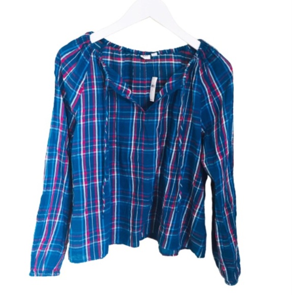 NWT GAP Plaid Blouse/Top With Front Drawstring & Tie Front Keyhole Blue/Red Sz S - Picture 5 of 8